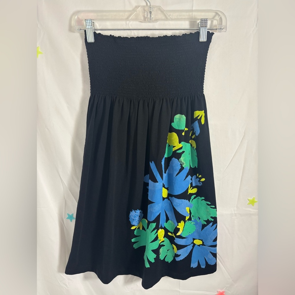 Y2K Boho Smock Tube Top/Mini Dress Black with Cool Tone Floral Size XS/S